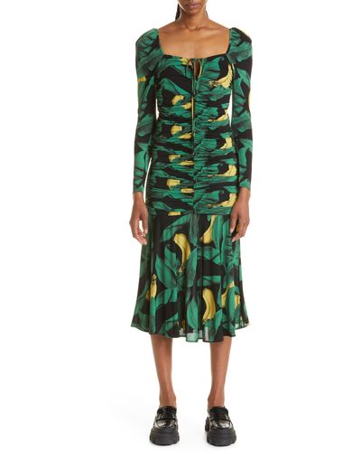 Ganni Palm Print Long Sleeve Gathered Jersey Dress - Green