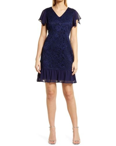 Sam Edelman Flutter Sleeve Lace & Chiffon Dress - Blue
