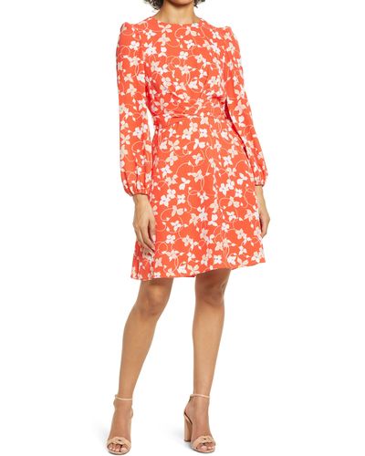 Eliza J Floral Long Sleeve Crepe Dress - Orange