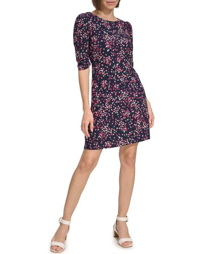 Tommy Hilfiger Ditsy Floral Ruched Sleeve Jersey Shift Dress - Blue