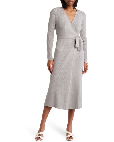 Wayf Long Sleeve Wrap Midi Dress - Gray