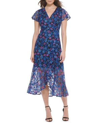 Kensie Floral Embroidered Flutter Sleeve Midi Dress - Blue