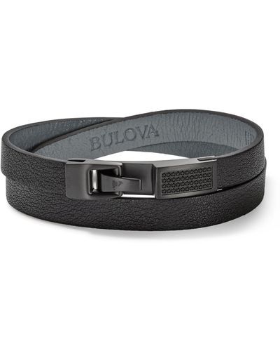 Bulova Stainless Steel Leather Bracelet - Black