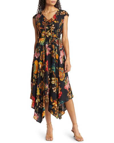 Tahari Floral Ruched Georgette Handkerchief Hem Dress - Multicolor