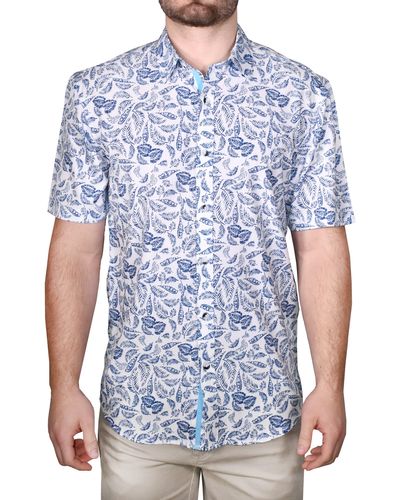 Vintage 1946 Modern Fit Leaf Print Short Sleeve Button-up Shirt - Blue