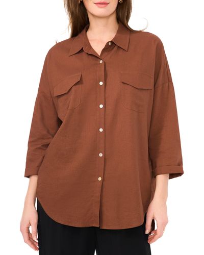 Halogen® Oversize Linen Blend Button-up Tunic - Brown