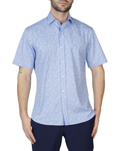 Tailorbyrd Swirl Print Cotton Poplin Short Sleeve Button-up Shirt - Blue