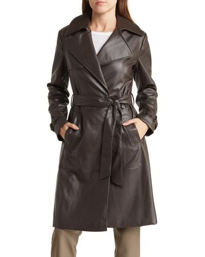 Tahari Elle Belted Faux Leather Trench Coat - Black