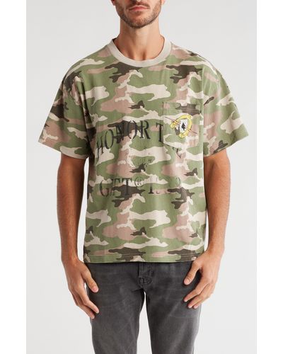 Honor The Gift Pocket Aces Camo Print Cotton Graphic T-shirt - Green