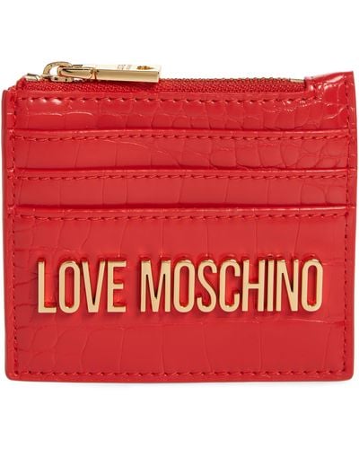 Love Moschino Croc Embossed Faux Leather Zip Card Wallet - Red