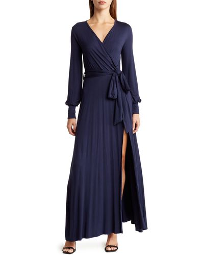 Go Couture Surplice Neck Long Sleeve Knit Maxi Dress - Blue