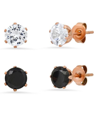 HMY Jewelry 18k Rose Gold Plated Stainless Steel White & Black Simulated Diamond Stud Earrings Set