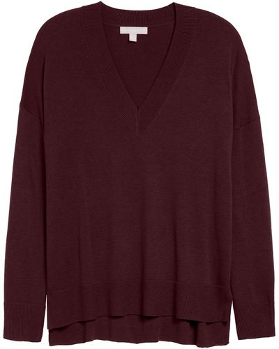 Chelsea28 Oversize V-neck High/low Sweater In Burgundy Stem At Nordstrom Rack - Purple