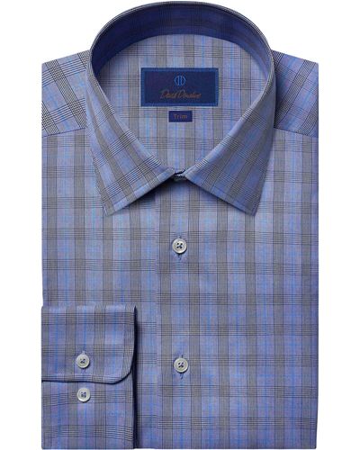 David Donahue Trim Fit Glen Plaid Cotton Twill Dress Shirt - Blue