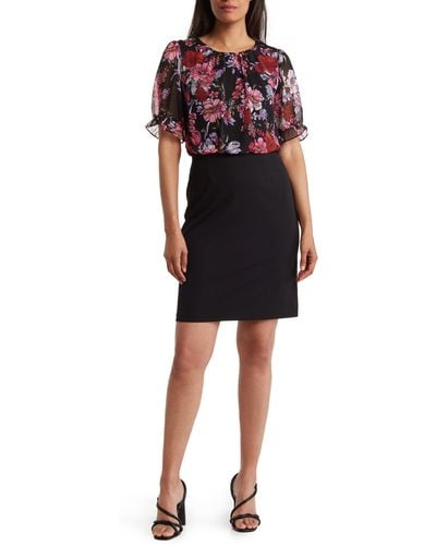 Connected Apparel Floral Chiffon Short Sleeve A-line Dress - Black