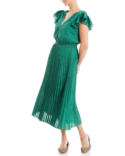 Max Studio Polka Dot Pleated Satin Midi Dress - Green