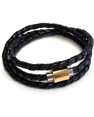 Liza Schwartz Braided Leather Stainless Steel Magnetic Clasp Triple Wrap Bracelet - Black