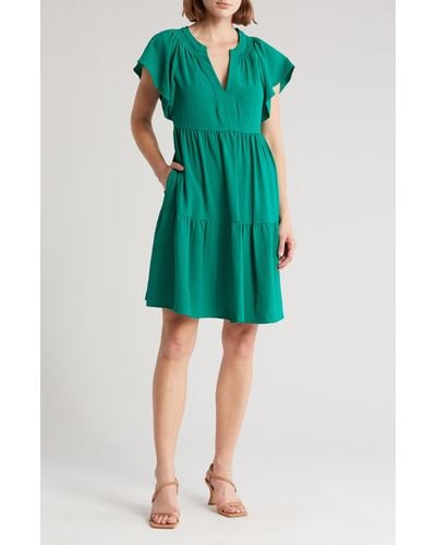 Calvin Klein Aerowash Split Neck Tiered Dress - Green