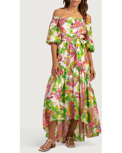 Trina Turk Eye Popping Off The Shoulder High/low Silk Maxi Dress - Multicolor