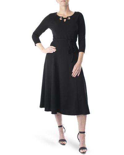 Nina Leonard Sylvia Grommet Split Neck Tea Dress - Black