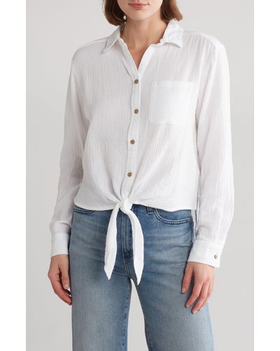 Beach Lunch Lounge Long Sleeve Tie Hem Cotton Gauze Button-up Shirt - White