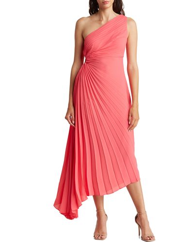 Nicole Miller Pleated One Shoulder Asymmetric Dress - Red