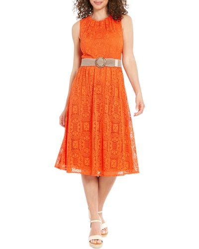 London Times Lace Sleeveless Belted Fit & Flare Dress - Orange
