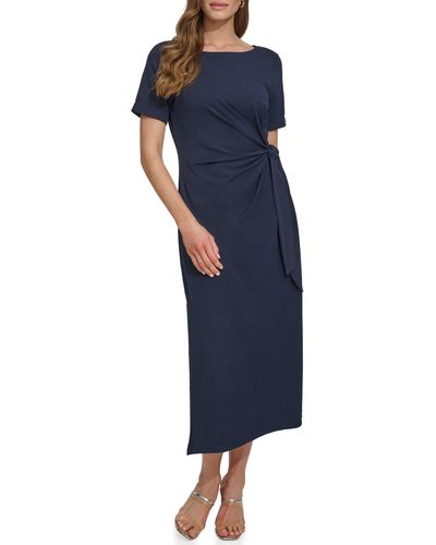 DKNY Wrap Detail Stretch Cotton Midi Dress - Blue