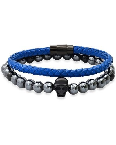 HMY Jewelry Set Of 2 Hematite Beaded & Braided Leather Bracelets - Blue