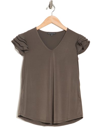 Adrianna Papell V-neck Tiered Ruffle Sleeve Crepe Knit Top In Fatigue At Nordstrom Rack - Brown