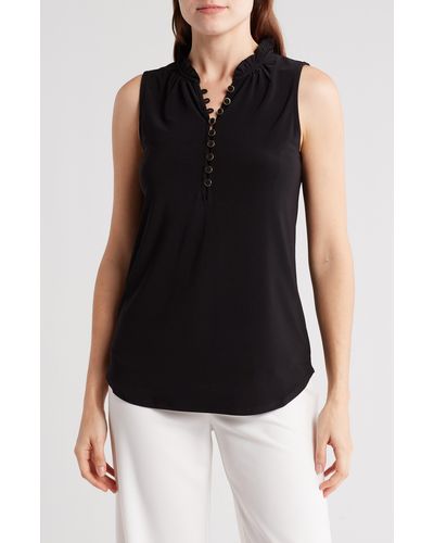 Elie Tahari Ruffle Half Placket Sleeveless Top - Black