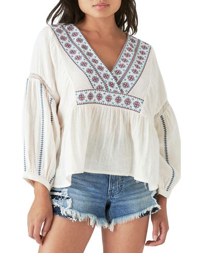 Lucky Brand Embroidered Cotton Peasant Blouse - White