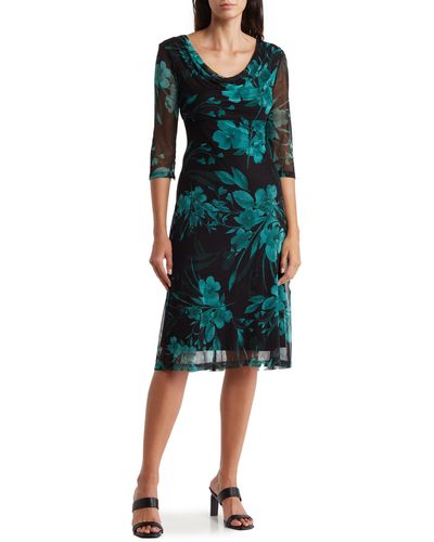 Connected Apparel Floral Cowl Neck Mesh Dress - Green