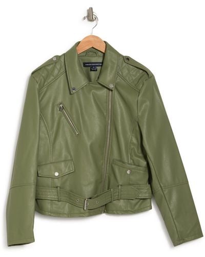 French Connection Faux Leather Belted Crop Moto Jacket In Moss At Nordstrom Rack - Green