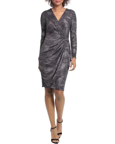 London Times Long Sleeve Wrap Style Dress - Gray