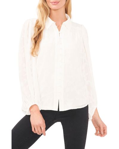 Cece Puff Sleeve Clip Jacquard Button-up Blouse - White