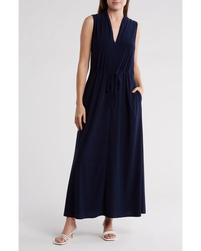1.STATE V-neck Drawstring Waist Dress - Blue