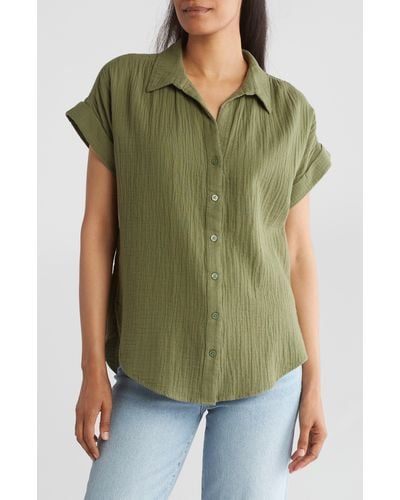 Caslon Short Sleeve Cotton Gauze Button-up Shirt - Green