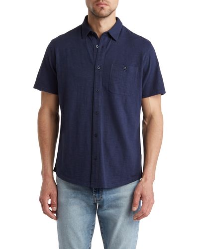 14th & Union Short Sleeve Slubbed Knit Button-up Shirt - Blue