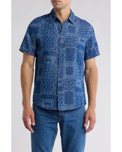 Slate & Stone Banana Print Short Sleeve Cotton & Lyocell Button-up Shirt - Blue