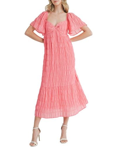 Lush Textured Flutter Sleeve Midi Dress - Pink