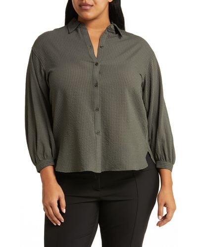 Max Studio Grid Textured Long Sleeve Button-up Shirt - Gray