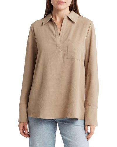 Pleione Textured Long Sleeve Tunic Top - Natural