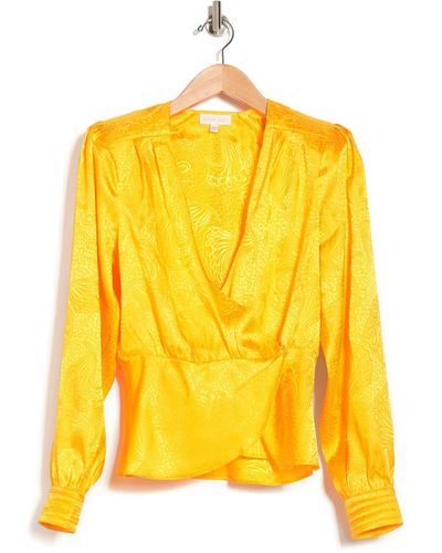 Ronny Kobo Lorie Satin Long Sleeve Blouse In Yellow At Nordstrom Rack
