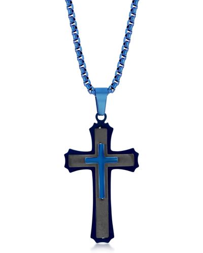 Black Jack Jewelry Two-tone Stainless Steel Cross Pendant Necklace - Blue