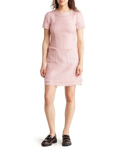 Eliza J Short Sleeve Fringed Tweed Dress - Pink