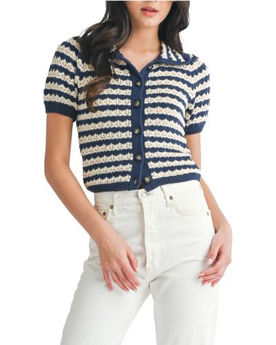 Lush Stripe Short Sleeve Cotton Pointelle Cardigan - Multicolor