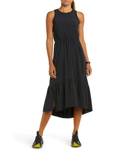 Zella Drawcord Waist Tiered Midi Dress - Black