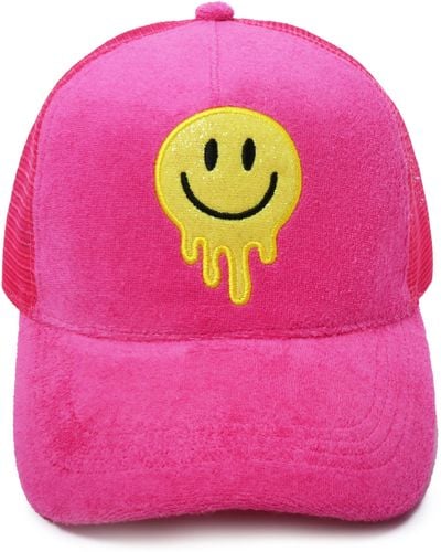 David & Young Glitter Melting Smiley Embroidered Baseball Cap - Pink
