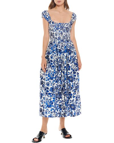 La Ligne Vivian Floral Smocked Bodice Cotton A-line Dress - Blue